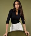 Ladies 3/4 Sleeve Mandarin Collar Top Kustom Kit K785